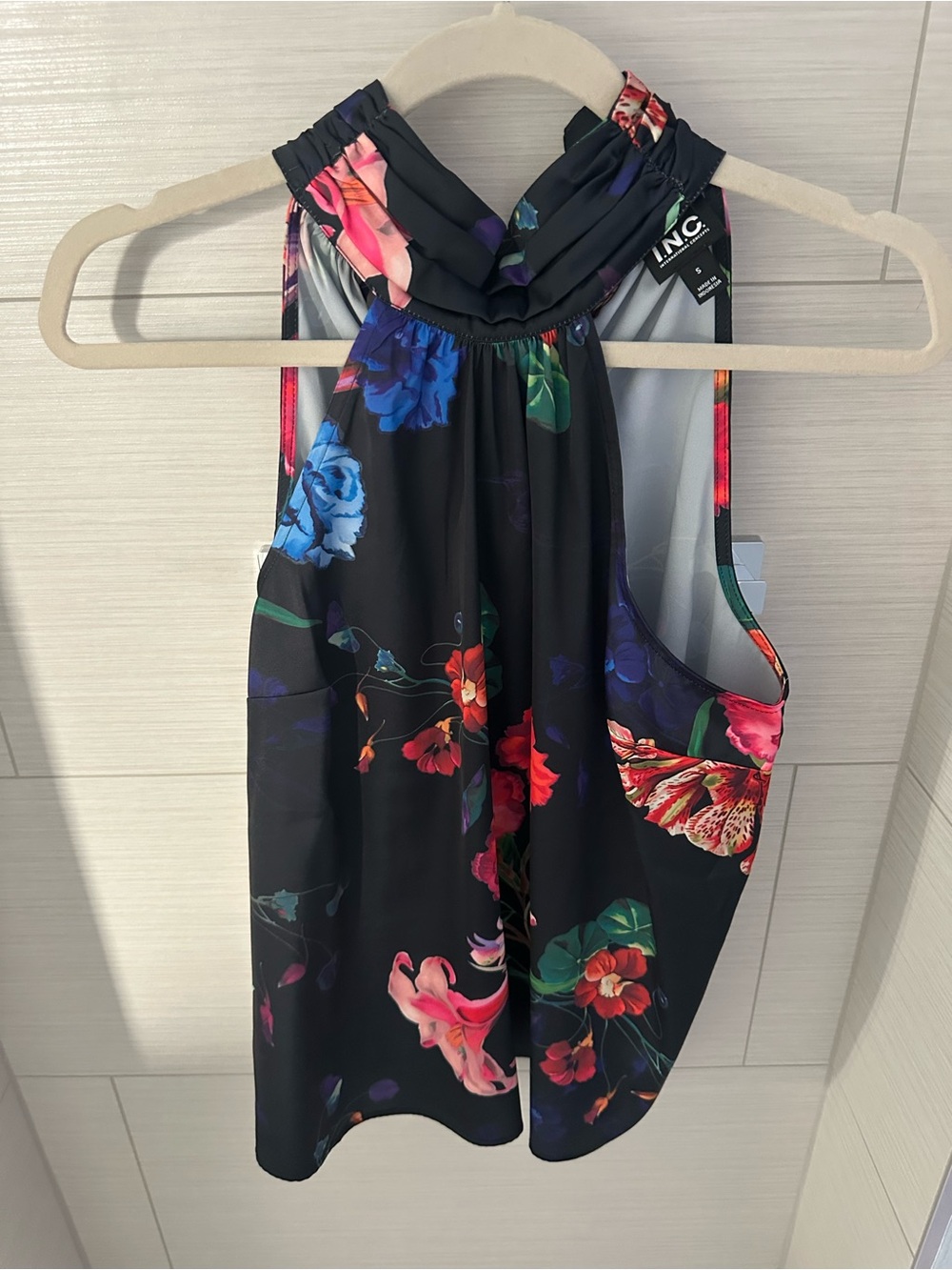 INC International Concepts Black Floral Halter Top with Multicolor Blooms
